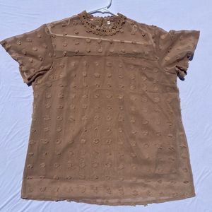 Beige Size Large High Neck Polka Dot Sheer Blouse With Attached Cami